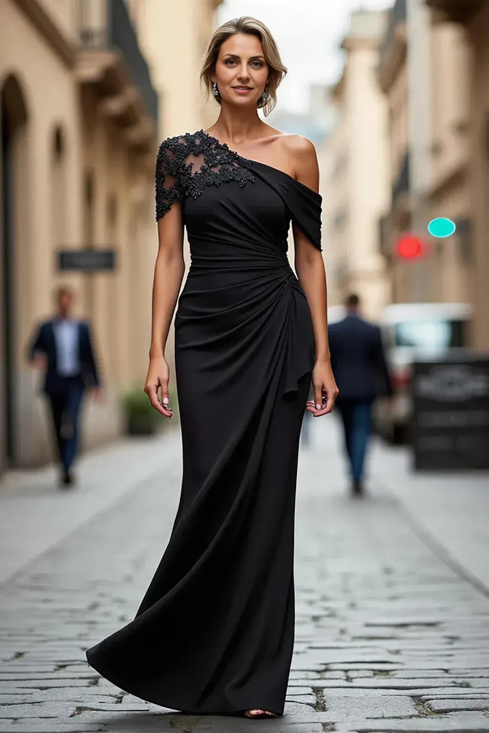 Sophisticated Sheath One Shoulder Lace Sleeve Ruched Back Floor Length Mother of the Bride Dress