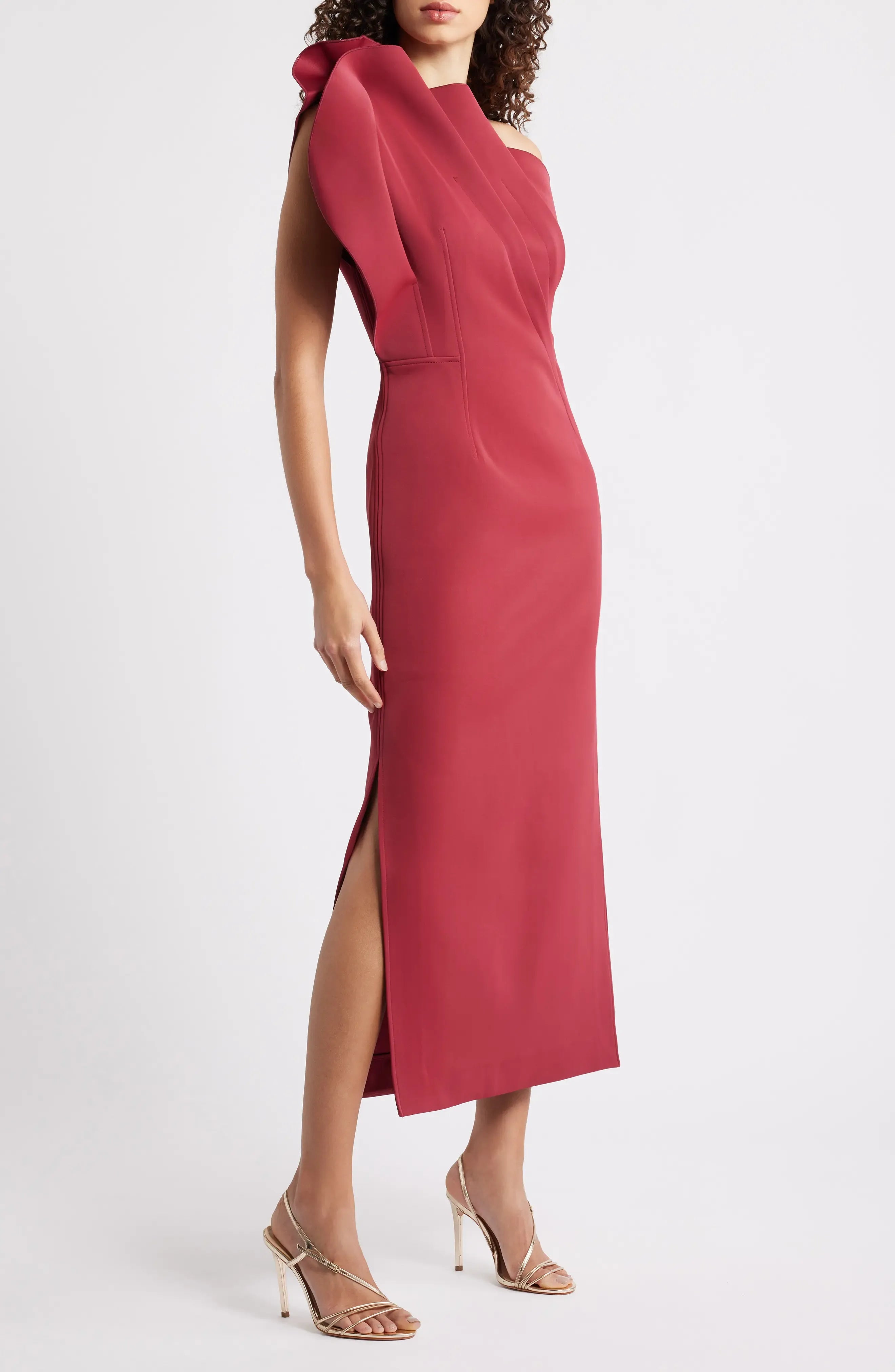 Sophisticated Structured One Shoulder Sleeveless Zipper Back Midi Length For Adults Evening Dress