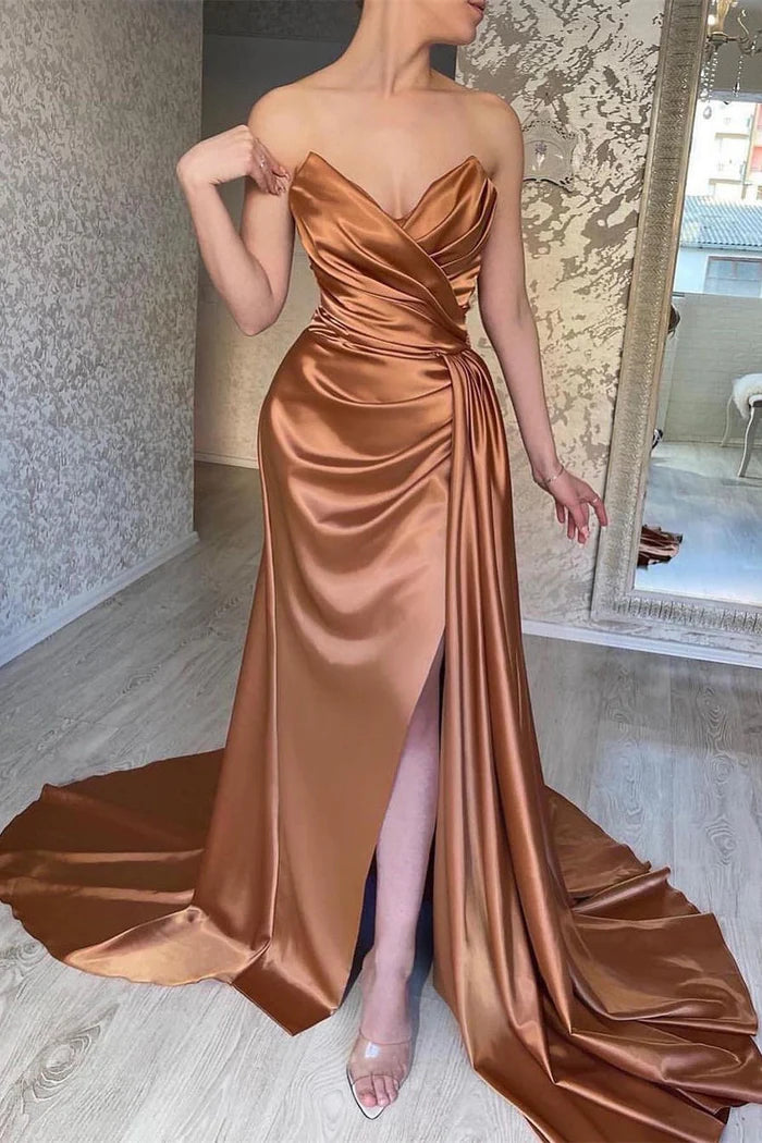 Sophisticated Long A-Line Satin Sleeveless Prom Dress with Elegant Side Slit Simple gentle atmospheric and unique design  ﻿