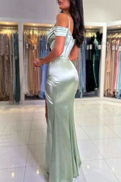 Sophisticated Long Mermaid Simple Spaghetti Straps Off-the-shoulder Satin Prom Gown with Elegant Slit Simple gentle atmospheric and unique design