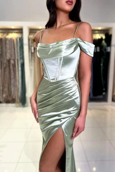 Sophisticated Long Mermaid Simple Spaghetti Straps Off-the-shoulder Satin Prom Gown with Elegant Slit Simple gentle atmospheric and unique design