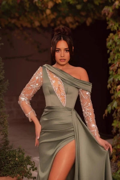 Sophisticated One Shoulder Beading Split Evening Dresses Long Prom Dresses With Sleeves Simple gentle atmospheric and unique design