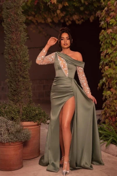 Sophisticated One Shoulder Beading Split Evening Dresses Long Prom Dresses With Sleeves Simple gentle atmospheric and unique design