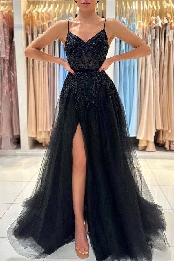 Spaghetti-Straps Black Prom Dress Sleeveless Tulle With Split Simple gentle atmospheric and unique design
