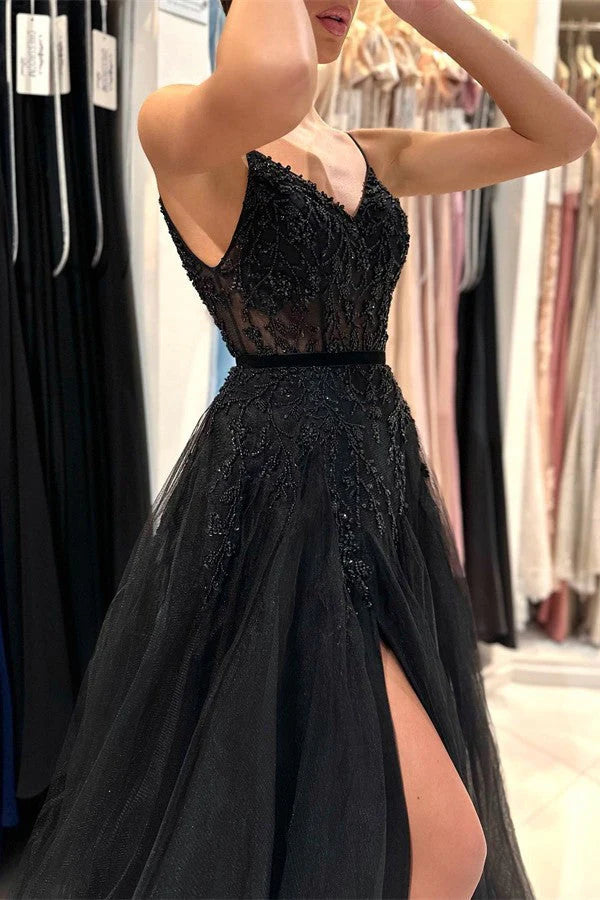 Spaghetti-Straps Black Prom Dress Sleeveless Tulle With Split Simple gentle atmospheric and unique design