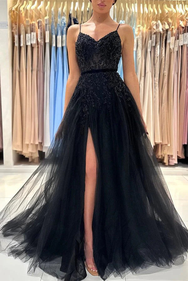 Spaghetti-Straps Black Prom Dress Sleeveless Tulle With Split Simple gentle atmospheric and unique design