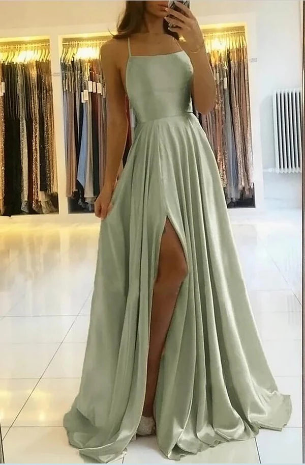 Spaghetti-Straps Dusty Sage Prom Dress Long Split Simple gentle atmospheric and unique design