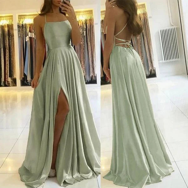 Spaghetti-Straps Dusty Sage Prom Dress Long Split Simple gentle atmospheric and unique design