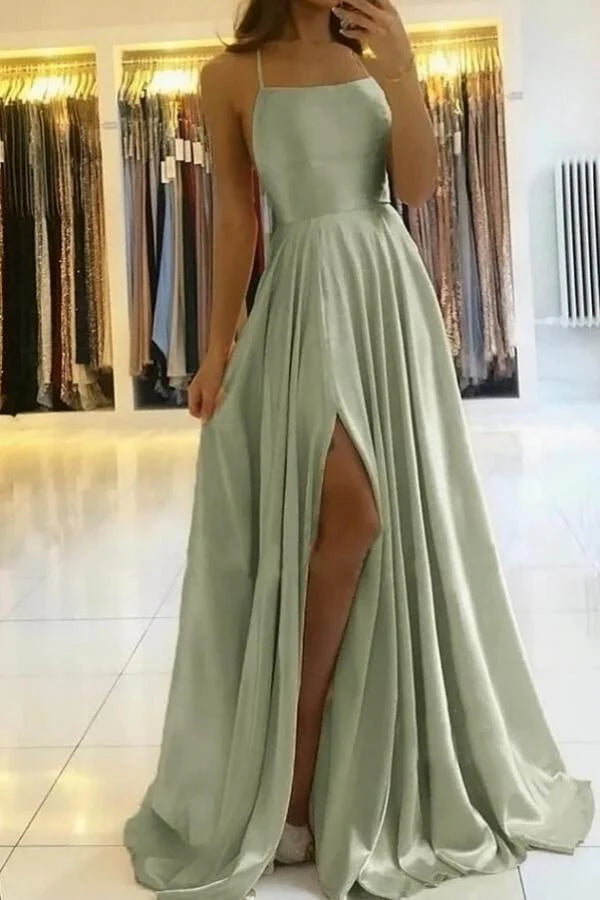 Spaghetti-Straps Dusty Sage Prom Dress Long Split Simple gentle atmospheric and unique design