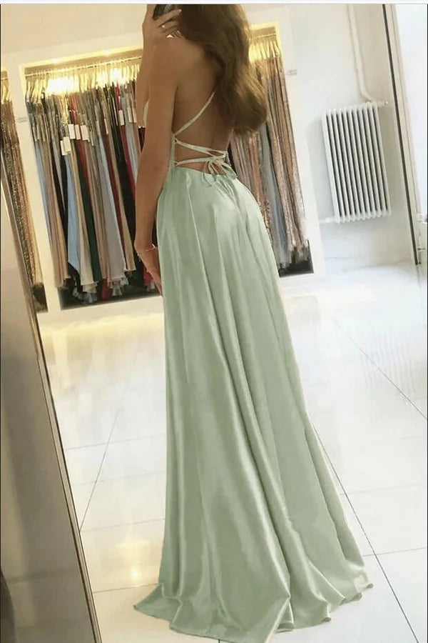 Spaghetti-Straps Dusty Sage Prom Dress Long Split Simple gentle atmospheric and unique design