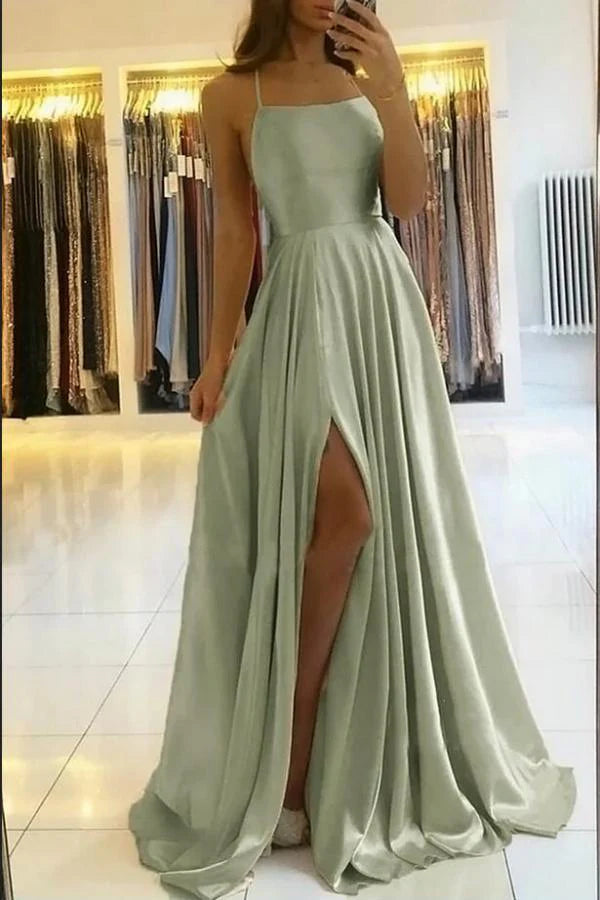 Spaghetti-Straps Dusty Sage Prom Dress Long Split Simple gentle atmospheric and unique design
