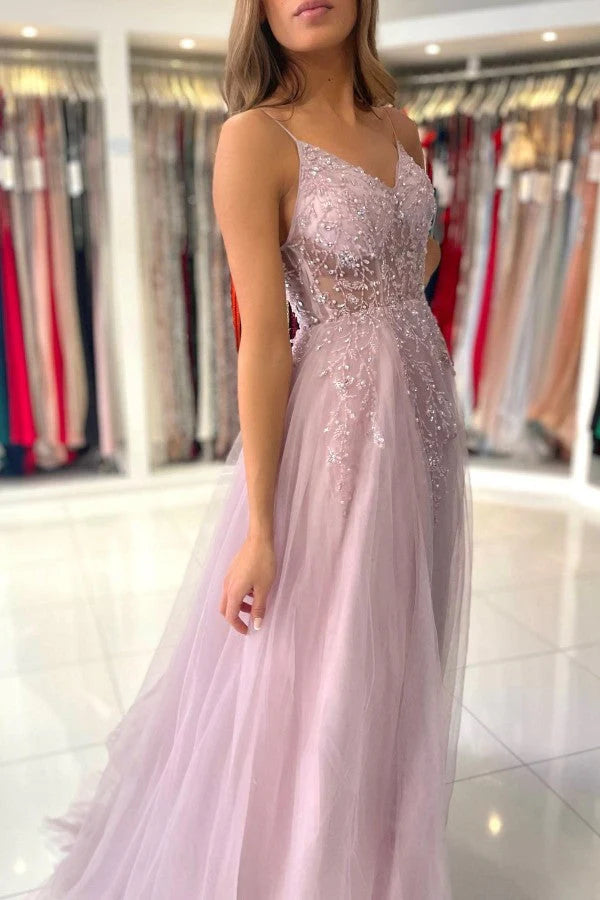 Spaghetti-Straps Long Prom Dress Sleeveless Tulle With Beadings Simple gentle atmospheric and unique design