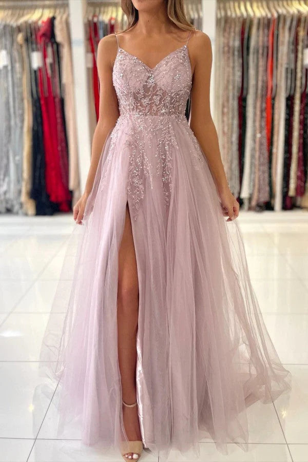 Spaghetti-Straps Long Prom Dress Sleeveless Tulle With Beadings Simple gentle atmospheric and unique design