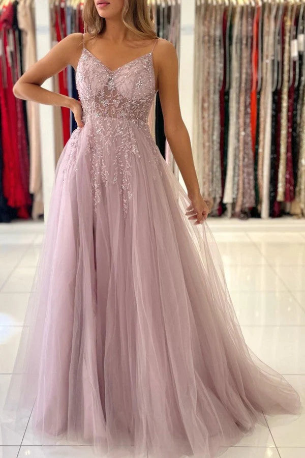 Spaghetti-Straps Long Prom Dress Sleeveless Tulle With Beadings Simple gentle atmospheric and unique design