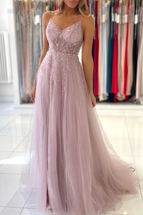 Spaghetti-Straps Long Prom Dress Sleeveless Tulle With Beadings Simple gentle atmospheric and unique design