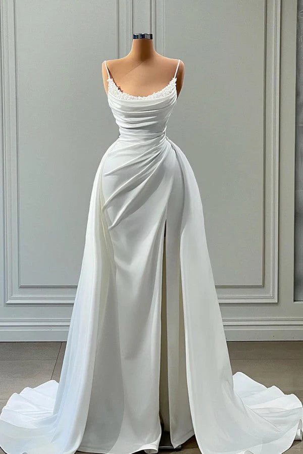 Spaghetti-Straps Mermaid Prom Dress White Long With Slit Beads Simple gentle atmospheric and unique design