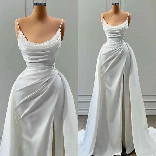 Spaghetti-Straps Mermaid Prom Dress White Long With Slit Beads Simple gentle atmospheric and unique design