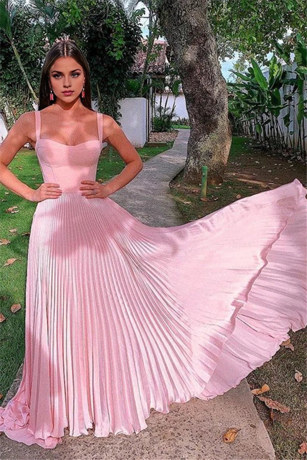 Spaghetti-Straps Pink Prom Dress Ruches Long Party Gowns Simple gentle atmospheric and unique design