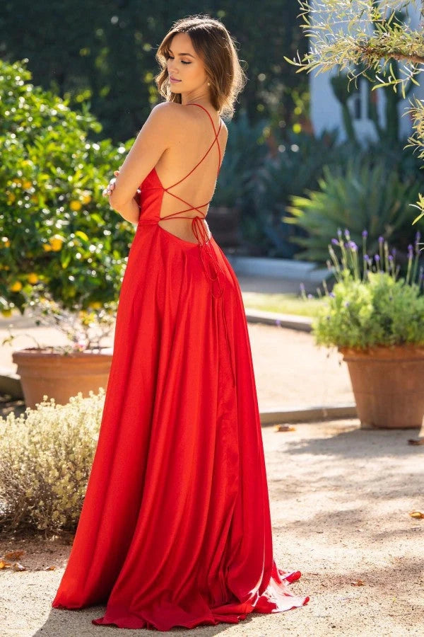 Spaghetti-Straps Red Prom Dress Long Sleeveless With Split Simple gentle atmospheric and unique design