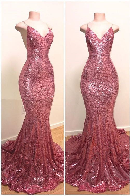 Spaghetti-Straps Sequins Prom Dress Mermaid Long On Sale Simple gentle atmospheric and unique design