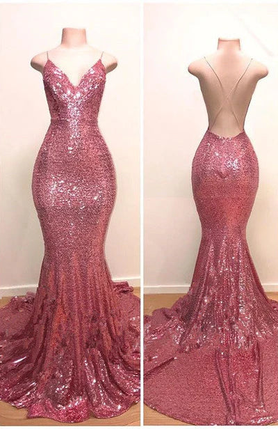 Spaghetti-Straps Sequins Prom Dress Mermaid Long On Sale Simple gentle atmospheric and unique design