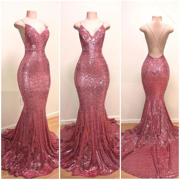 Spaghetti-Straps Sequins Prom Dress Mermaid Long On Sale Simple gentle atmospheric and unique design
