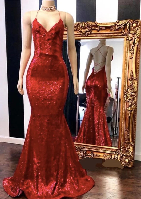 Spaghetti-Straps V-Neck Mermaid Prom Dress Sequins With Appliques Simple gentle atmospheric and unique design  ﻿