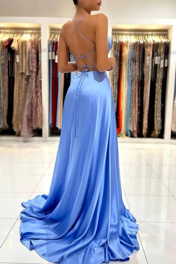 Spaghetti-Straps V-Neck Sleeveless Prom Dress Slit Long Simple gentle atmospheric and unique design