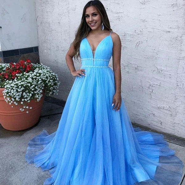 Spaghetti-Straps V-Neck Tulle Blue Prom Dress Sleeveless Long Simple gentle atmospheric and unique design