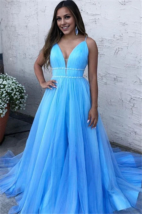Spaghetti-Straps V-Neck Tulle Blue Prom Dress Sleeveless Long Simple gentle atmospheric and unique design