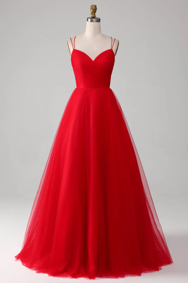 Spaghetti Straps A-Line Red Long Prom Dress wth Cross Criss Back Simple gentle atmospheric and unique desig