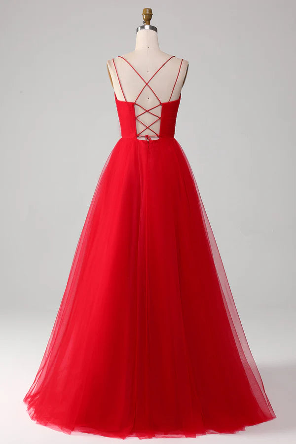 Spaghetti Straps A-Line Red Long Prom Dress wth Cross Criss Back Simple gentle atmospheric and unique desig