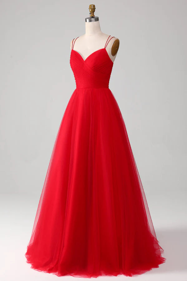 Spaghetti Straps A-Line Red Long Prom Dress wth Cross Criss Back Simple gentle atmospheric and unique desig