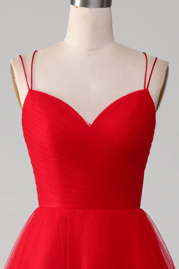 Spaghetti Straps A-Line Red Long Prom Dress wth Cross Criss Back Simple gentle atmospheric and unique desig