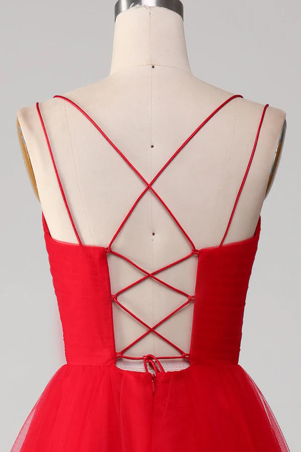 Spaghetti Straps A-Line Red Long Prom Dress wth Cross Criss Back Simple gentle atmospheric and unique desig