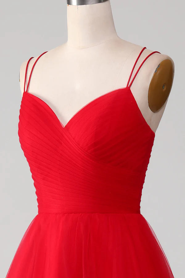Spaghetti Straps A-Line Red Long Prom Dress wth Cross Criss Back Simple gentle atmospheric and unique desig