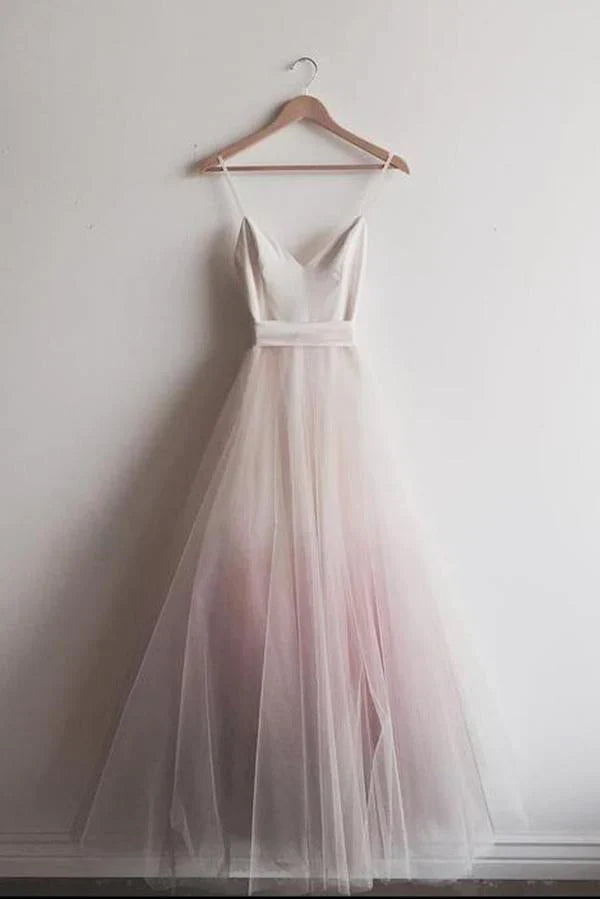 Spaghetti Straps A-line Floor-length Long V Neck Tulle Prom Dresses simple gentle atmospheric and unique desi Bring summer colors to enhance whiteness