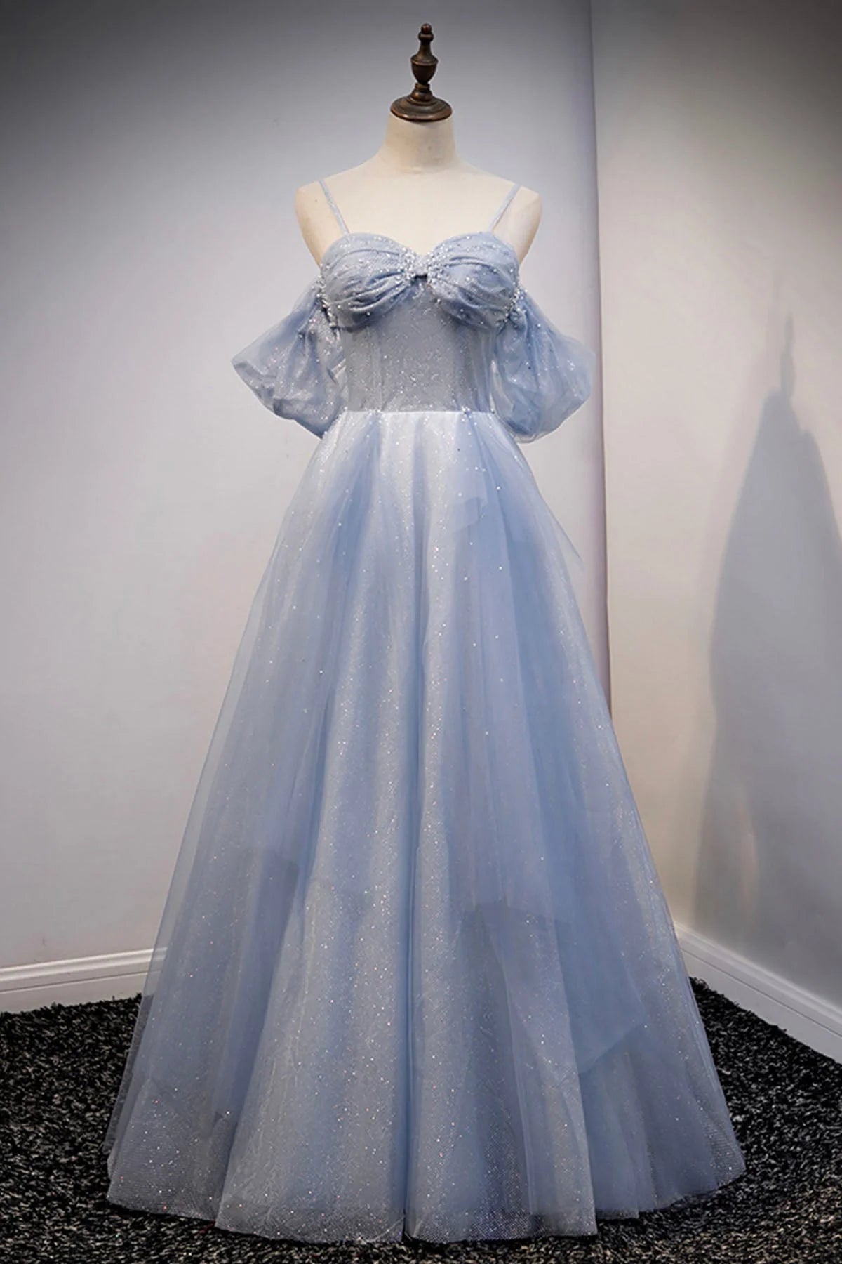Spaghetti Straps Blue Tulle Long Prom Dress Off the Shoulder Evening Dress simple gentle atmospheric and unique desi Bring summer colors to enhance white