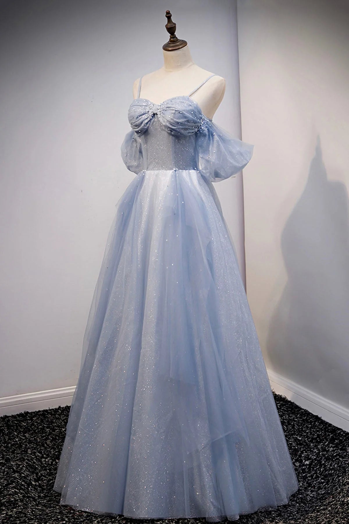 Spaghetti Straps Blue Tulle Long Prom Dress Off the Shoulder Evening Dress simple gentle atmospheric and unique desi Bring summer colors to enhance white