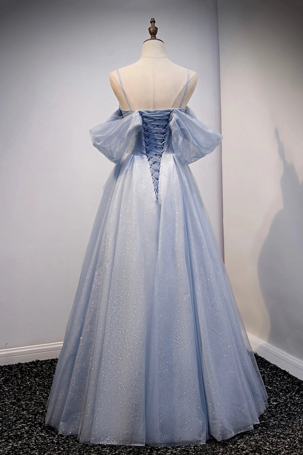 Spaghetti Straps Blue Tulle Long Prom Dress Off the Shoulder Evening Dress simple gentle atmospheric and unique desi Bring summer colors to enhance white