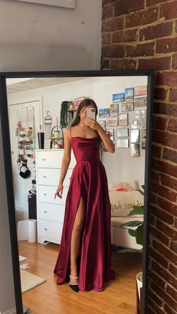 Spaghetti Straps Burgundy Long Prom Dresses Leg Split Evening Gown simple gentle atmospheric and unique desi Bring summer colors to enhance whiteness