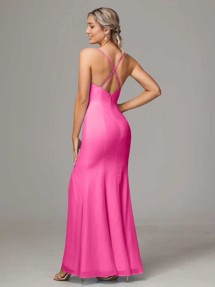 Spaghetti Straps Cross Back Chiffon Bridesmaid Dress simple gentle atmospheric and unique desi Bring summer colors to enhance whiteness