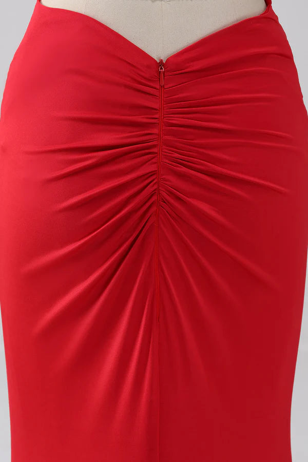 Spaghetti Straps Mermaid Backless Red Long Prom Dress Split Front spheric and unique desigentle atmospheric and unique desi