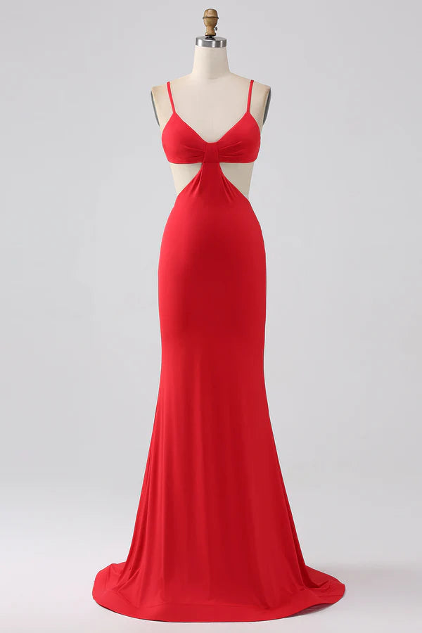 Spaghetti Straps Mermaid Backless Red Long Prom Dress Split Front spheric and unique desigentle atmospheric and unique desi