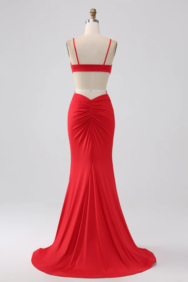 Spaghetti Straps Mermaid Backless Red Long Prom Dress Split Front spheric and unique desigentle atmospheric and unique desi