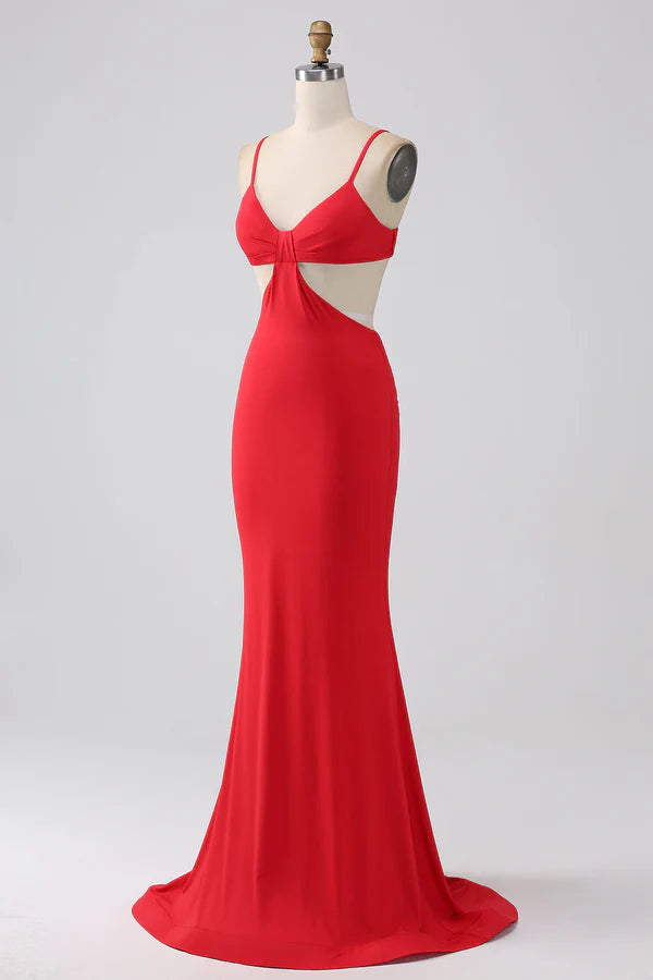 Spaghetti Straps Mermaid Backless Red Long Prom Dress Split Front spheric and unique desigentle atmospheric and unique desi