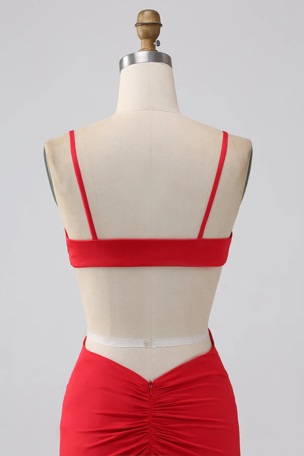 Spaghetti Straps Mermaid Backless Red Long Prom Dress Split Front spheric and unique desigentle atmospheric and unique desi