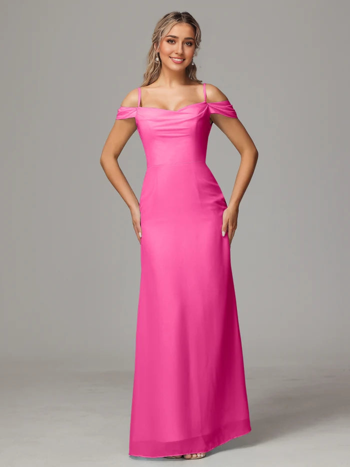 Spaghetti Straps Off The Shoulder Chiffon Bridesmaid Dress With Slit simple gentle atmospheric and unique desi Bring summer colors to enhance whiteness