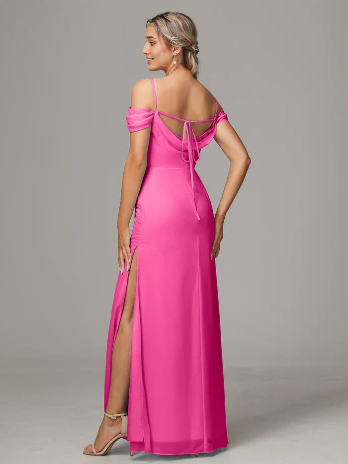 Spaghetti Straps Off The Shoulder Chiffon Bridesmaid Dress With Slit simple gentle atmospheric and unique desi Bring summer colors to enhance whiteness