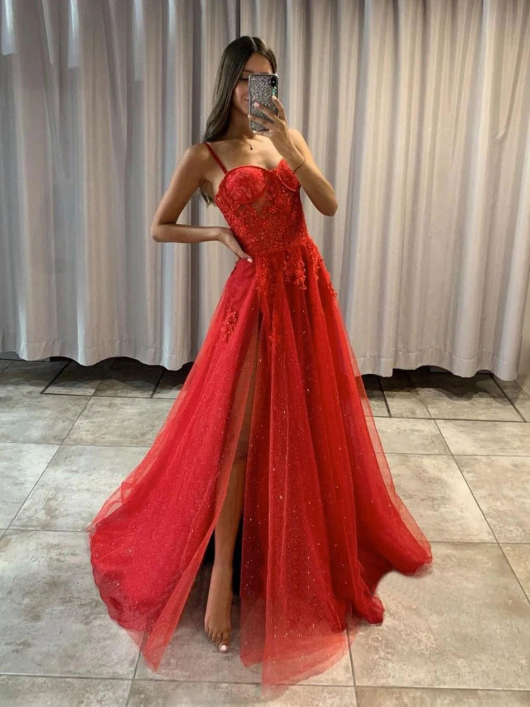 Spaghetti Straps Sleeveless Red Tulle Split Side Long Prom Dresses With Lace Maxi Dress simple gentle atmospheric and unique desi Bring summer colors to enhance whiteness
